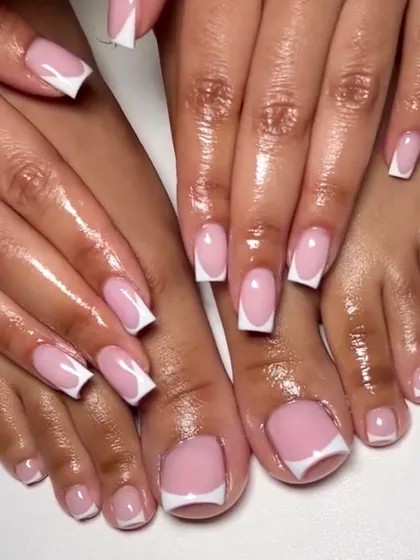 A classic for a reason. Here is a perfectly executed matching French manicure and pedicure set, showing my commitment to clean lines, a flawless finish, and a look that is timelessly chic from your fingers to your toes.