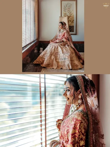 A collage of the bride's portraits by the window, capturing her in moments of quiet reflection and anticipation.