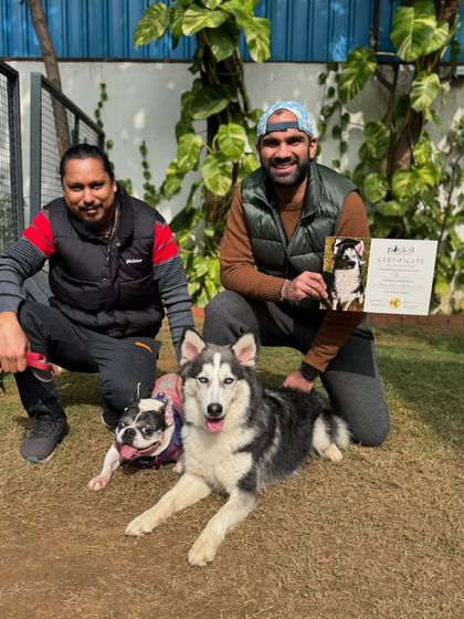 Obi and his Frenchie friend celebrating his graduation with his guardian and one of our handlers.