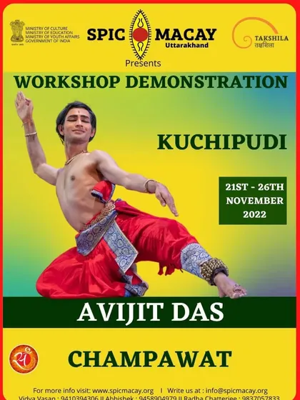 An announcement for my workshop and demonstration series for SPIC MACAY in Champawat, Uttarakhand, aimed at sharing Kuchipudi with school children.