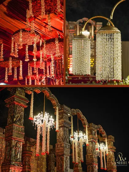 A collage showcasing the variety of hanging floral chandeliers used throughout the venue, from grand crystal fixtures to delicate bells made of tuberose.