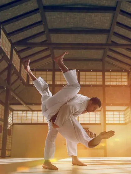 A powerful image of a Judo throw. This represents the beauty and effectiveness of traditional martial arts.