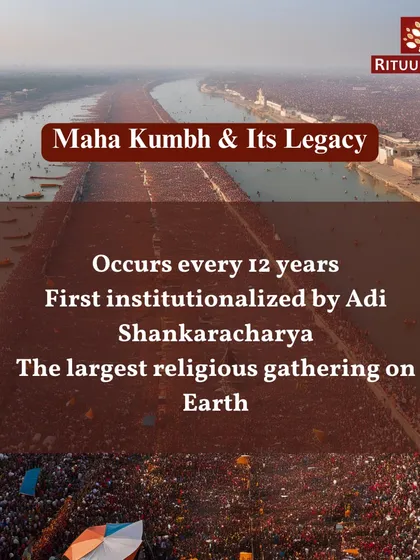 The Maha Kumbh, which occurs every 12 years, is the largest religious gathering on Earth. Its legacy was institutionalized by the great philosopher Adi Shankaracharya in the 8th century to revive spiritual discourse among saints.