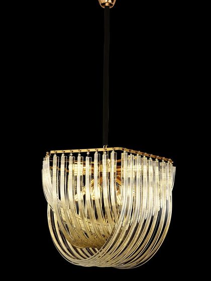 A classic chandelier design with a modern twist, featuring curved glass tubes that create a basket of light. This piece is perfect for adding a touch of timeless elegance.