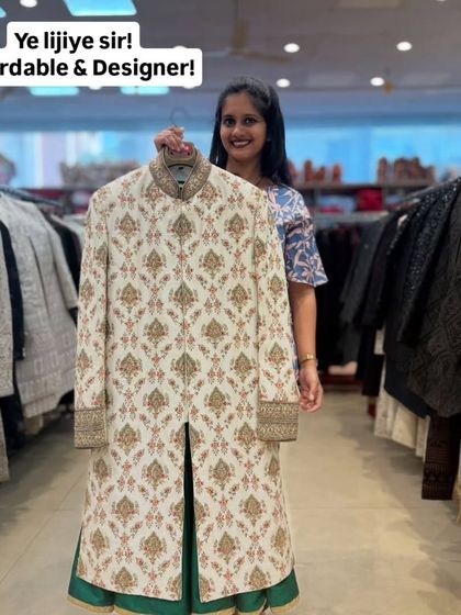 "Ye lijiye sir! Affordable & Designer!" This is my promise. This photo shows a classic patterned sherwani that gives you a designer look without the designer price tag.