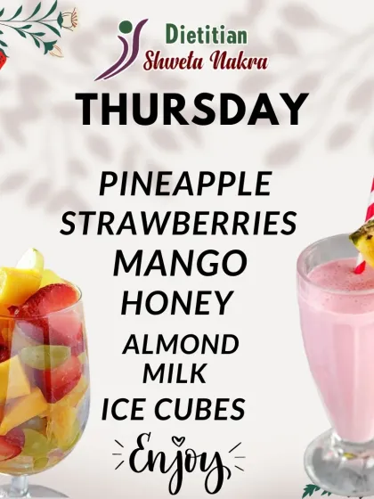 A tropical delight, this smoothie mixes pineapple, strawberries, and mango with honey and almond milk. It's a refreshing way to get your daily dose of vitamins and enzymes.