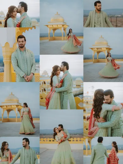A large collage capturing the full story of a couple's Mehendi photoshoot at a heritage location in Udaipur.