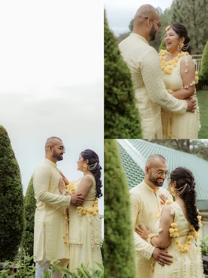 A series of candid moments between the couple during their Haldi. These shots capture their playful interactions and loving glances, framed by the venue's beautiful greenery.