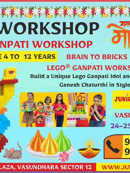 A location-specific flyer for our Vasundhara workshop, showing the address and dates for the LEGO Ganpati building event.