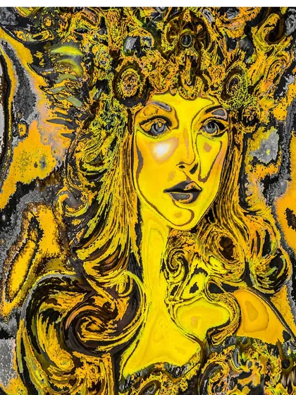 An abstract digital painting of a woman's face, created with a fluid, marble-like texture in shades of yellow and black.