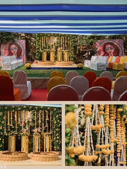 A collage showing the elaborate marigold and fabric decor for an outdoor Haldi ceremony.