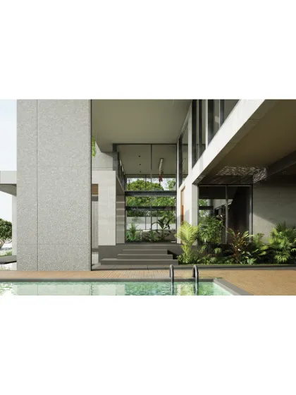 A view from the pool deck of the 'House on Water' rendering. This perspective helps to visualize the experience of approaching and entering the home from the garden.