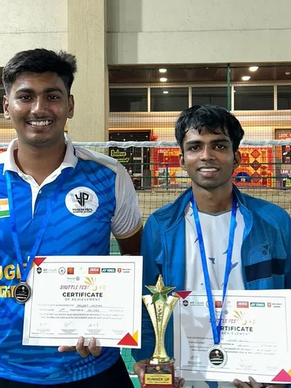 Sanjit Walekar and Dinesh Badiger, our Men's Doubles runners-up at SHUTTLE FEST 4.0, showcasing their competitive spirit and skill.
