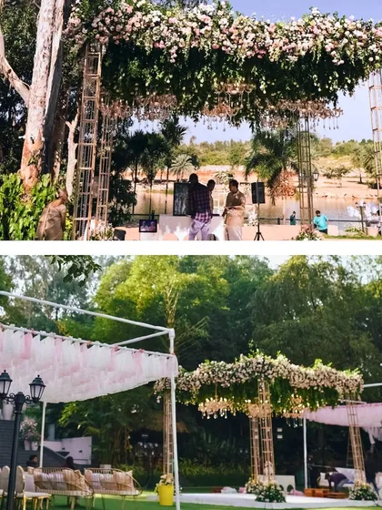 A collage showing the day-to-night transformation of the mandap and seating area for a 'Bridgerton' themed engagement.