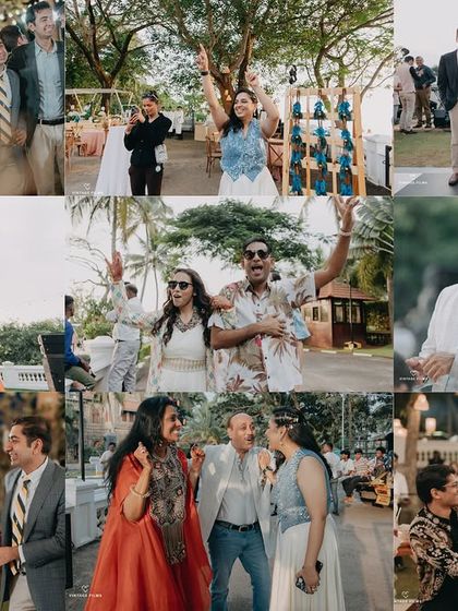 A large collage showcasing the lively atmosphere of the welcome dinner. It's filled with dancing, laughter, and candid interactions between guests, telling the story of a great party.