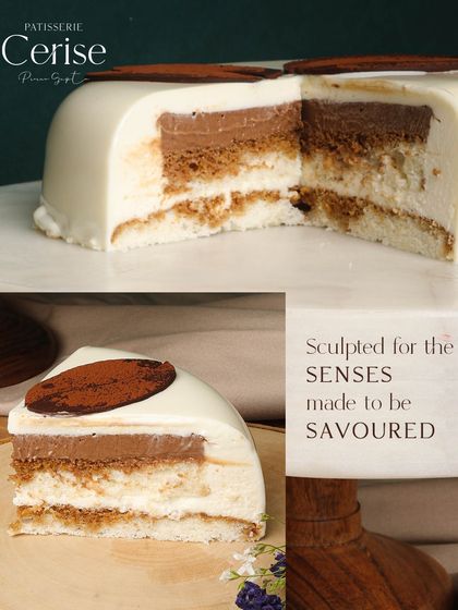 Sculpted for the senses, made to be savoured. This is a cross-section of my Tiramisu, showing the distinct layers of mousse and coffee-soaked sponge.