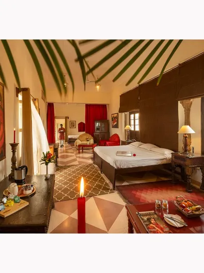 An interior view of a suite at a Neemrana property. This shot highlights the rich textures, unique decor, and warm, inviting ambiance, demonstrating my focus on capturing the soul of a space in my hotel photography.