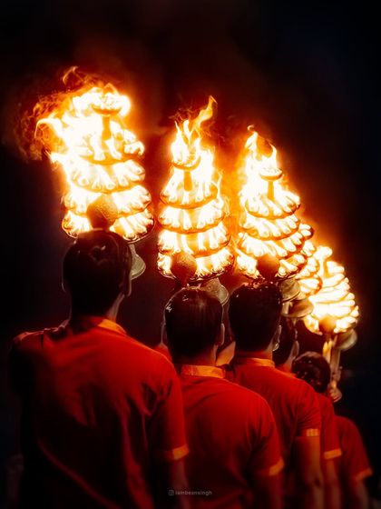 A powerful shot from behind the priests during the Ganga Aarti in Rishikesh. The towering flames from the multi-tiered lamps create a mesmerizing and intense visual, symbolizing the offering of light to the divine.