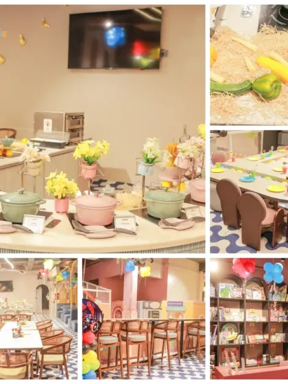 A look at our beautiful cafe and dining setup. We provide comfortable seating for kids and adults, with a delicious food spread ready for everyone to enjoy.