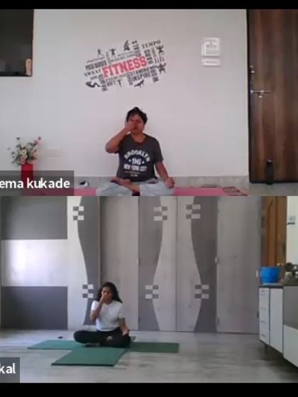 A group of students practicing Nadi Shodhana pranayama together in a virtual class. The gallery view allows us to observe and guide multiple students at once, ensuring everyone benefits from the practice.