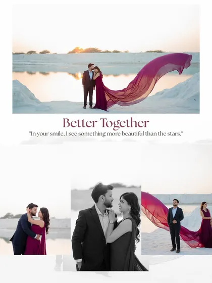 A collage from Mukesh and Jagrity's dramatic desert shoot, showcasing the flowing purple gown against the white landscape.