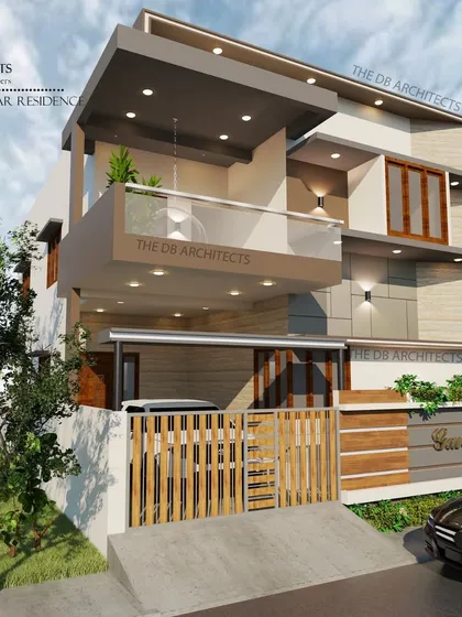 This is a 3D render for Mr. Gangadhar's residence, a 30x50 duplex house in Davangere. The design features a prominent balcony and a mix of textures to create a modern and inviting facade.