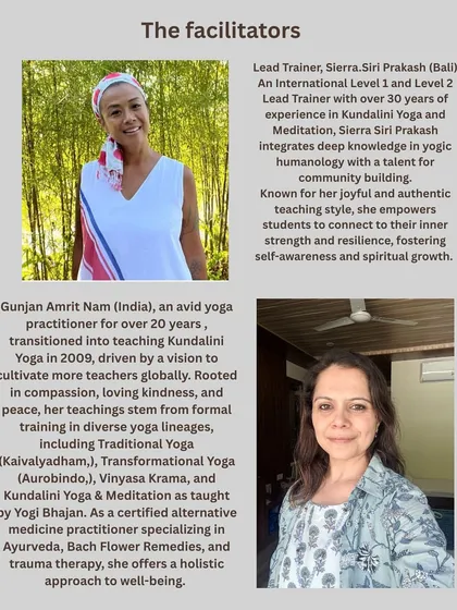 I believe in the power of community and collaboration. Here, I am featured with fellow lead trainer Sierra Siri Prakash, with whom I facilitate workshops. Together, we bring over 50 years of combined experience in Kundalini Yoga, meditation, and holistic well-being.