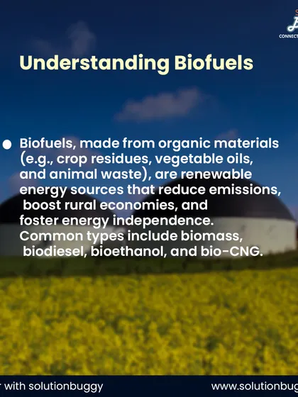 This slide provides a foundational understanding of biofuels, defining them as renewable energy sources made from organic materials. It educates potential clients on the different types, including biomass, biodiesel, and bio-CNG.