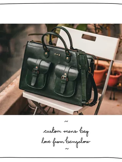 We love creating bags for everyone. This custom men's work bag in a deep Avocado green was a special commission. It features a classic satchel design with sturdy grab handles and practical front pockets, perfect for a professional setting.