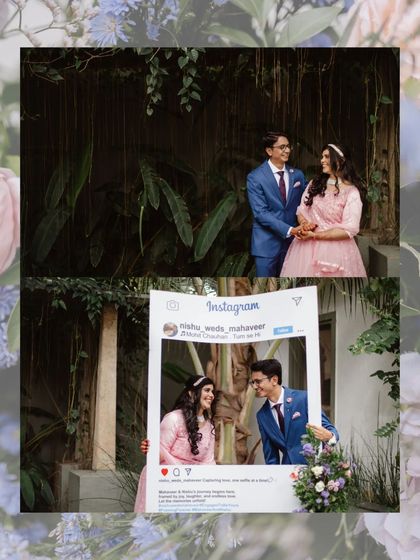 A fun and modern engagement shoot idea. The couple poses with a giant Instagram frame, creating a playful and memorable photo against our green backdrop.