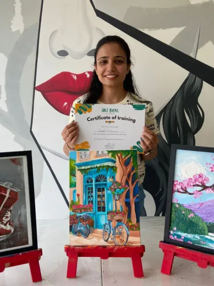 This student's acrylic and texture paintings are so creative, from a crushed soda can to a beautiful Japanese landscape.