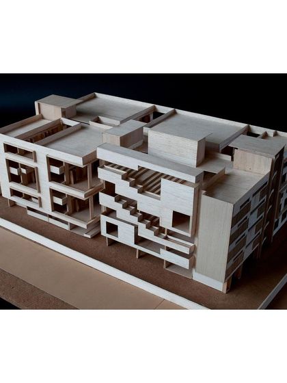 A balsa wood model of the "School of Courts." This technique is excellent for studying massing and the relationship between solid and void in the early stages of design.