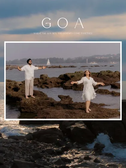 Gurneet and Gurbani embrace the serenity of a Goan beach, with the sea and a distant sailboat creating a picturesque and romantic setting.
