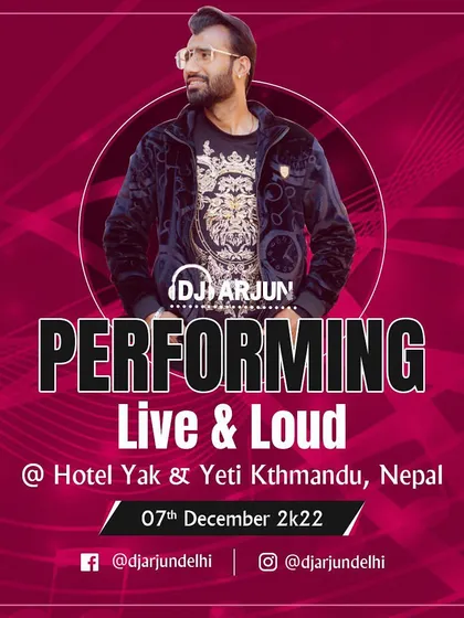 A gig poster from my performance at the Hotel Yak & Yeti in Kathmandu, Nepal. This event showcases my reach across South Asia, playing for exclusive hotel events and private parties.