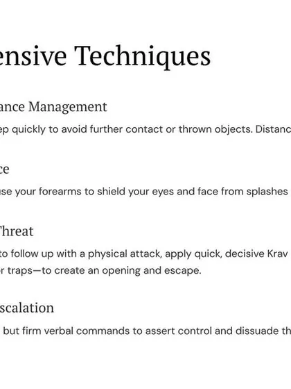 Practical defensive techniques include immediate distance management, protecting your face, and neutralizing the threat if they follow up with a physical attack. Verbal de-escalation can also be used to assert control.
