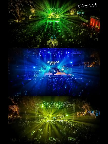 A collage showcasing the breathtaking light design from one of our outdoor concerts. We believe in creating a complete sensory experience for our audience.