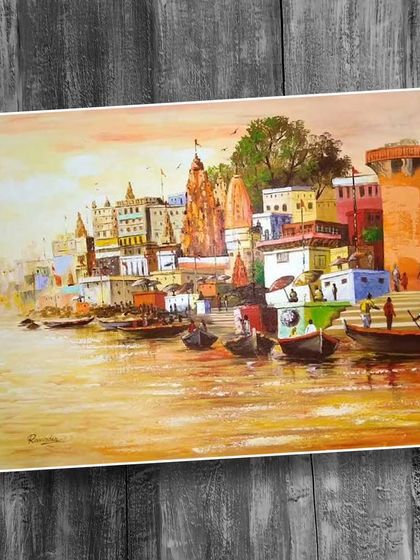 An evocative oil painting of the ghats of Varanasi, capturing the warm light and serene atmosphere of the holy city. Our landscape classes focus on composition and light.