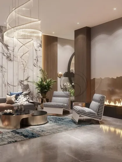 Another view of the entertainment lounge, focusing on the custom fireplace feature and the mix of materials. Wood paneling, marble, and metal combine to create a warm and inviting space for play and relaxation.