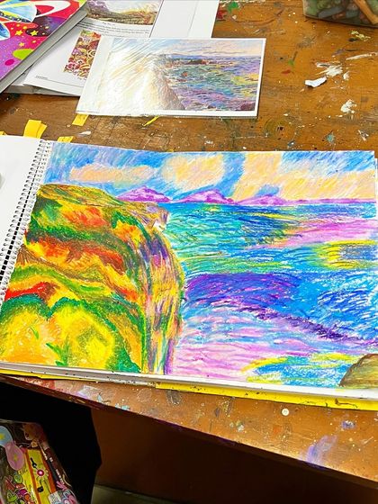 A vibrant and colorful landscape drawing using oil pastels, demonstrating expressive mark-making and a fantastic sense of color.
