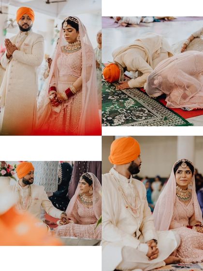 A collage capturing the key rituals of Suraj and Kajal's Anand Karaj. The bowing before the Guru Granth Sahib is a moment of complete surrender and devotion.