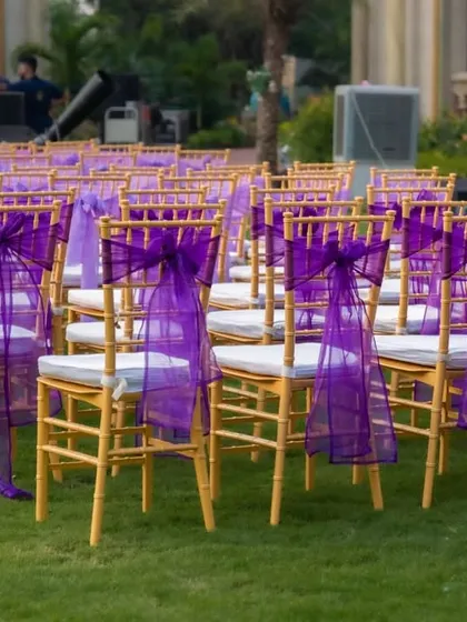 Attention to detail is key. For this event, I used golden chairs adorned with rich purple organza bows, adding a pop of color and a touch of royalty to the guest seating arrangement.