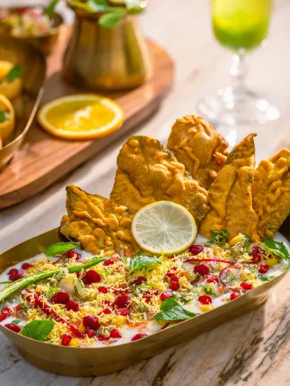 A close-up of the Palak Patta Chaat at Camo, showing the beautiful textures and colors.