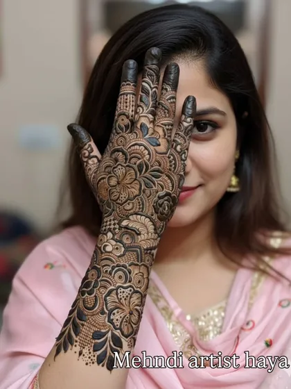 A close-up of my work. This full-arm bridal design combines multiple techniques, including floral work, netting, and reverse-fill patterns.