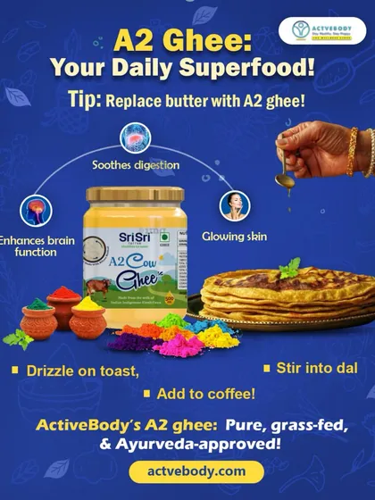 A2 Ghee is your daily superfood. This graphic highlights its benefits for digestion, brain function, and glowing skin. It suggests replacing butter with our pure, grass-fed, and Ayurveda-approved A2 ghee.