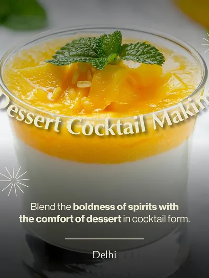 We also explore the sweeter side of spirits with our Dessert Cocktail Making workshops. This image showcases a layered mango and cream cocktail, a perfect example of blending the boldness of spirits with the comfort of dessert.