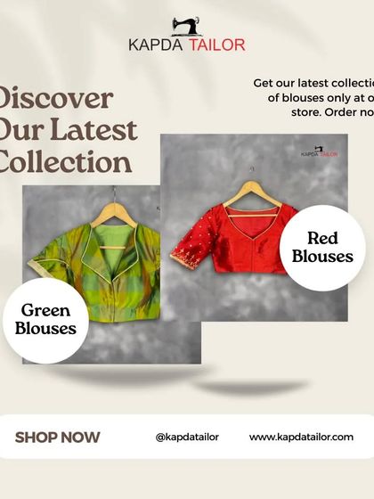 Discover our latest collection. This graphic showcases a green collared blouse and a red embroidered blouse, available now in our store.