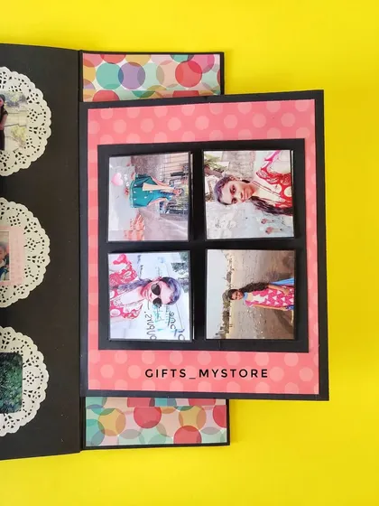 A window-style page from the scrapbook, showcasing four mini photos.