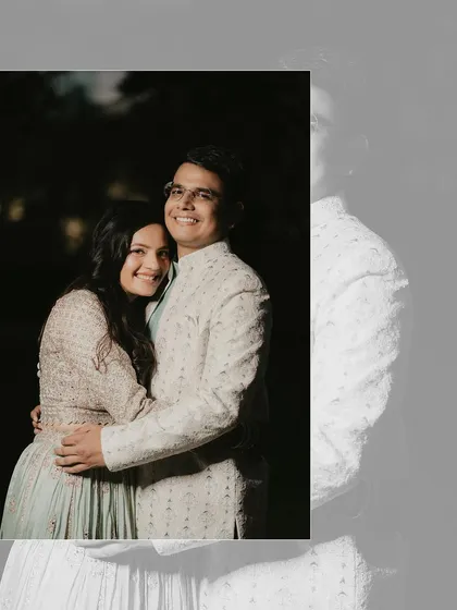 A happy couple portrait from their roka ceremony. Their embrace and smiles show the warmth and love they share as they begin their journey together.