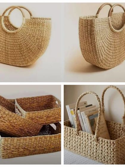 This collage showcases the versatility of our kona grass baskets. It includes a stylish handbag, a rectangular book caddy, and other storage baskets, demonstrating their use for fashion, home organization, and gifting.