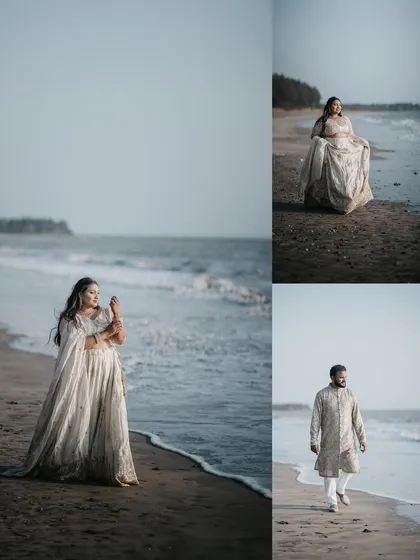 A collage of individual and couple portraits on the beach, showcasing both their personalities against the serene ocean backdrop.